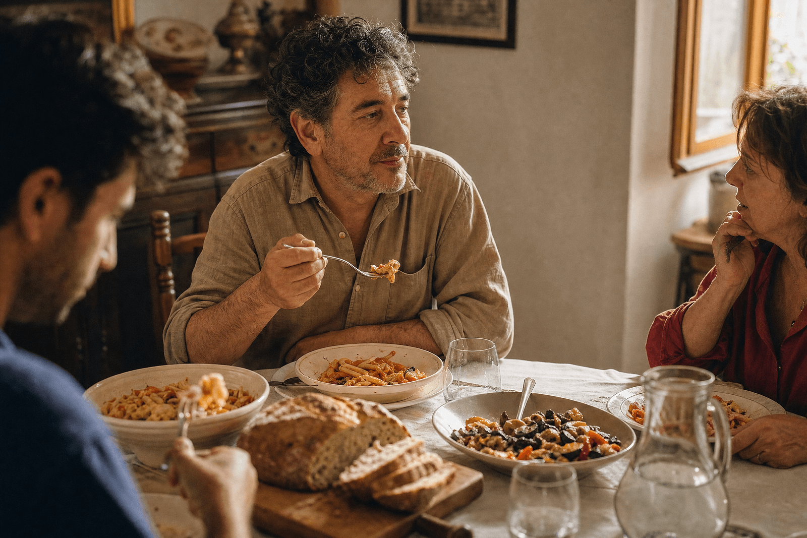 Homme d’environ 55 ans déjeunant normalement en famille, sans restriction alimentaire