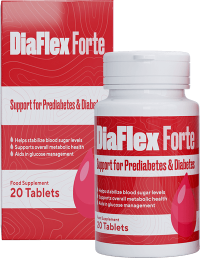 Packung DiaFlex Forte: Schachtel und Dose mit 20 Tabletten, Nahrungsergänzungsmittel für einen stabilen Blutzuckerspiegel