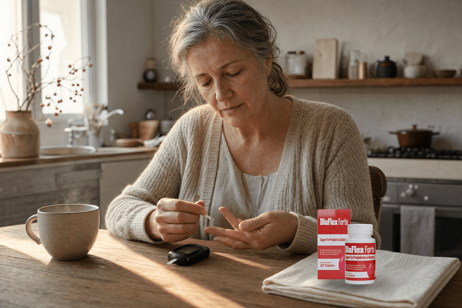 Mujer de unos 60 años midiéndose la glucosa con el glucómetro por la mañana en la mesa de la cocina, junto al envase de DiaFlex Forte