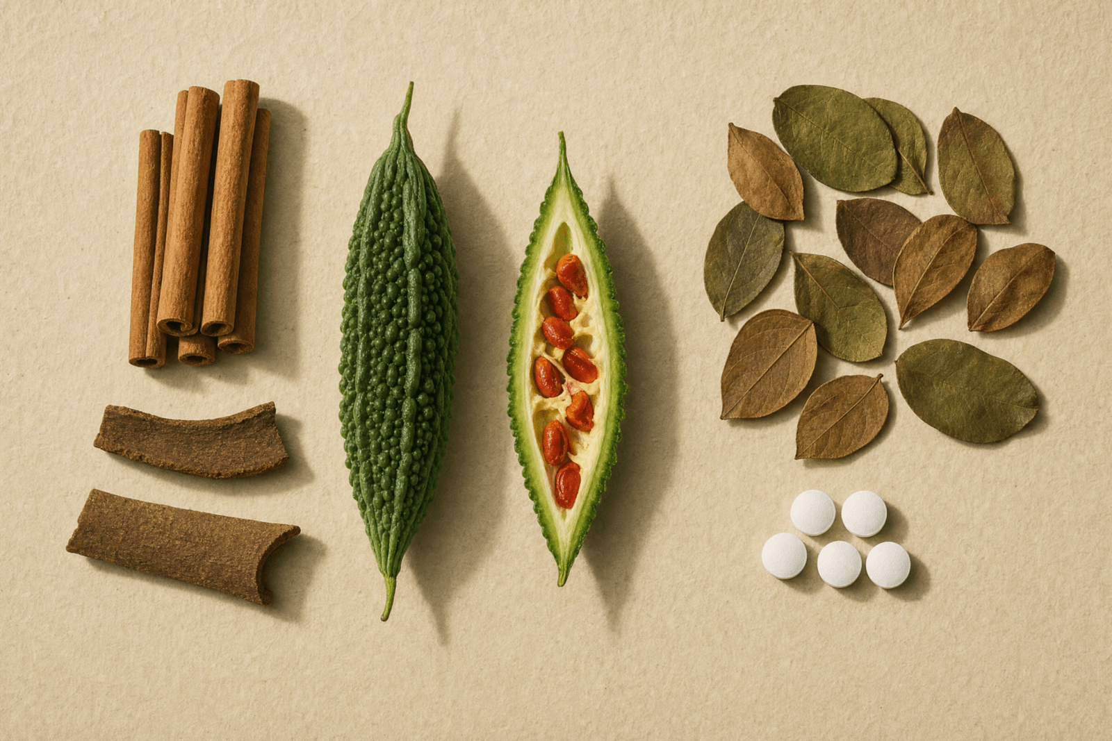 Ingredientes de DiaFlex Forte: corteza y astillas de canela, fruto de momordica abierto, hojas secas de banaba y tabletas blancas sobre papel cálido