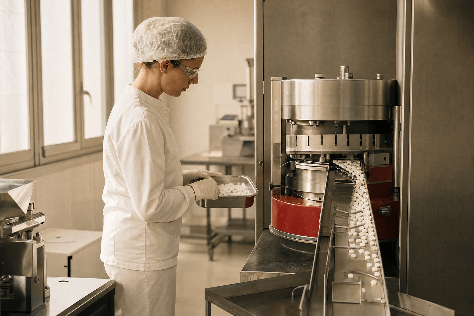 Production de DiaFlex Forte en Italie : presse à comprimés en fonctionnement et opérateur contrôlant les comprimés sur un plateau